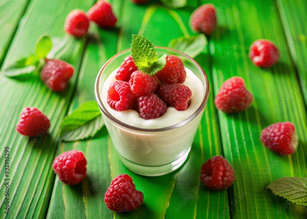 Creamy White Glass Fresh Raspberries High Angle Shot Vibrant Green Background Sweet Spring Concept Romantic Breakfast Treat Creamy White Glass Fresh Raspberries High Angle Shot Vibrant Green Background Sweet Spring Concept Romantic Breakfast Treat