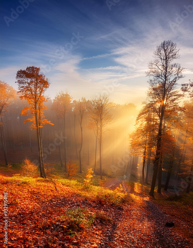 Tranquil autumn forest and trees, fallen leaves, landscape nature beauty. Fall season in woods