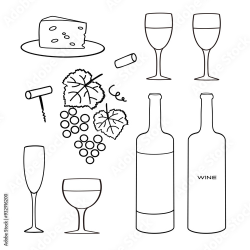 A collection of wine-related elements featuring glasses, bottles, corks, and cheese on a light background