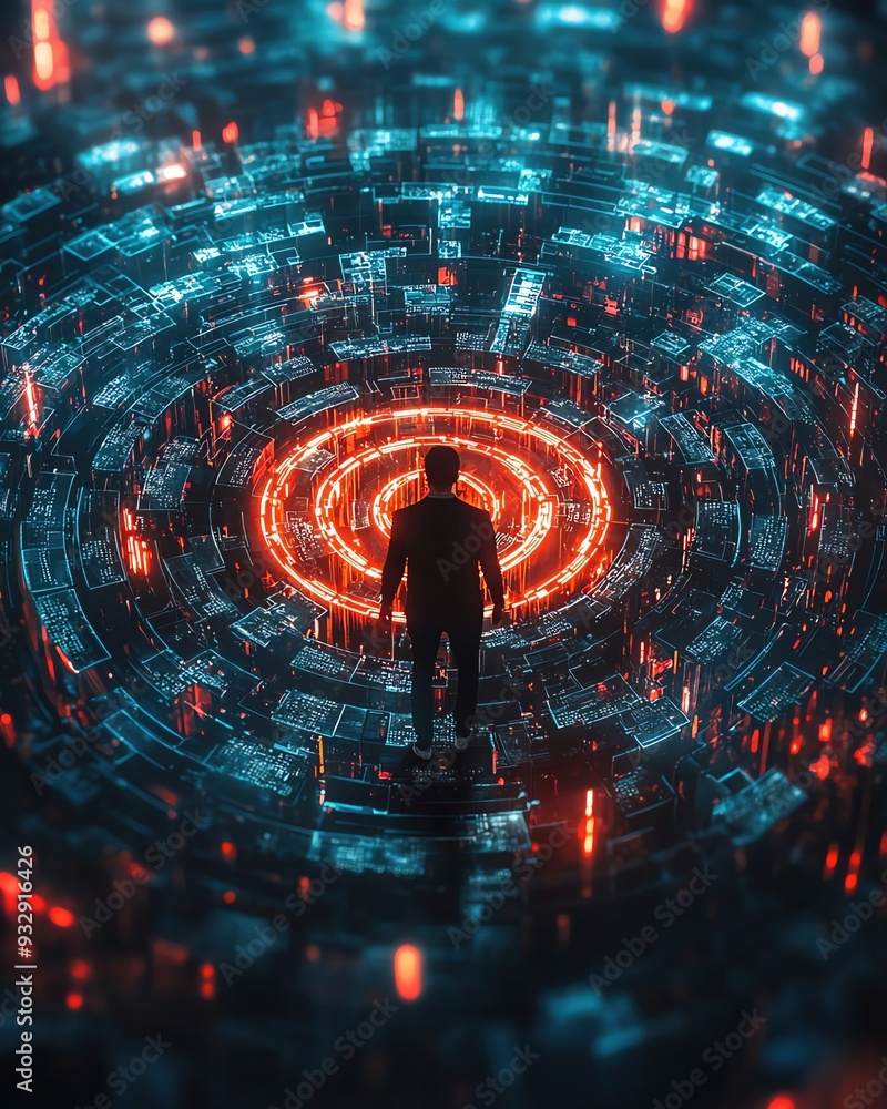 Fototapeta premium A figure stands in a digital vortex, surrounded by vibrant blue and red lights, symbolizing technology and innovation.