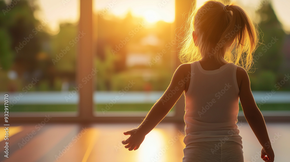 A young child standing in a sunlit room, gazing out the window with light streaming through, highlighting the child's silhouette. Warm, peaceful morning scene. A young child standing in a sunlit room, gazing out the window with light streaming through, highlighting the child's silhouette. Warm, peaceful morning scene.