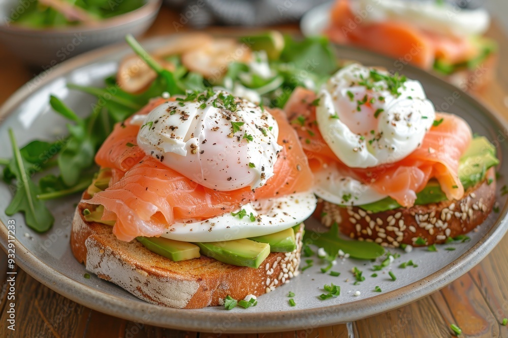 Sandwiches made with salmon avocado and poached eggs Sandwiches made with salmon avocado and poached eggs