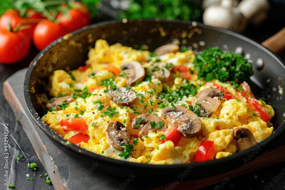 Sautéed mushrooms and veggies with scrambled eggs in a skillet Sautéed mushrooms and veggies with scrambled eggs in a skillet