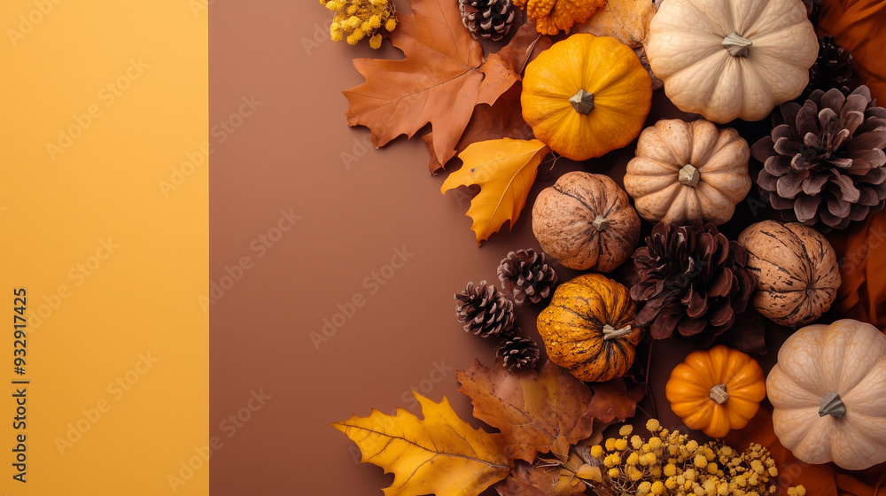 Fototapeta premium Autumnal Thanksgiving Still Life: Flat Lay with Warm Tones and Cozy Vibes