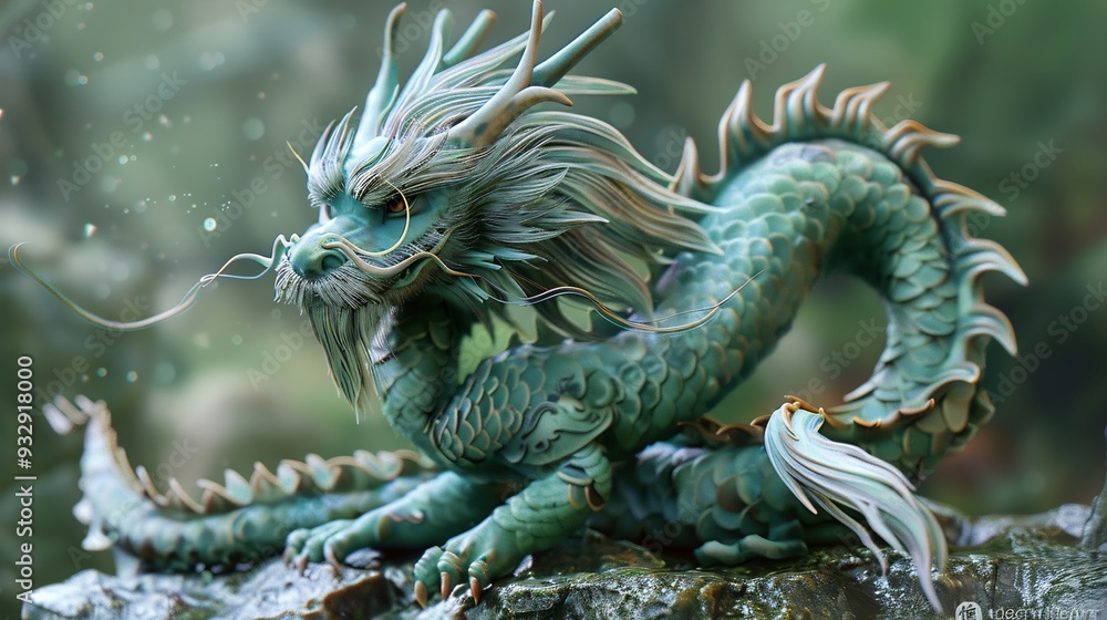 Emerald Dragon Statue in a Lush Forest Emerald Dragon Statue in a Lush Forest