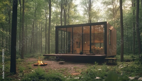 Modern cabin nestled in a forest with a fire pit.