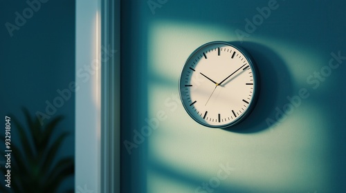 Wallpaper Mural A modern wall clock casting gentle shadows in a serene blue room, perfect for home decor and interior design inspiration. Torontodigital.ca