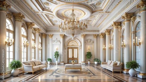 Sophisticated elegance descends upon refined spaces, characterized by symmetrical arrangements, delicate ornamentation, and a palette of crisp whites and soothing pastels, evoking a regal atmosphere.