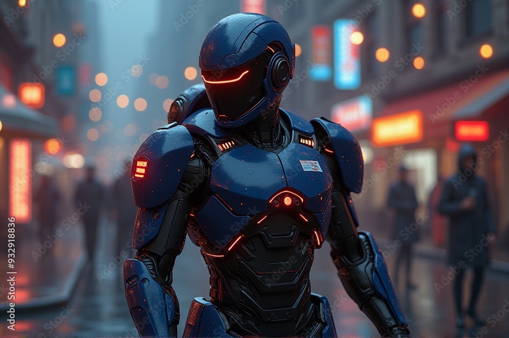 A futuristic robotic figure stands in a vibrant cityscape, exuding a sense of advanced technology, perfect for tech events and digital marketing themes with copy space. A futuristic robotic figure stands in a vibrant cityscape, exuding a sense of advanced technology, perfect for tech events and digital marketing themes with copy space.