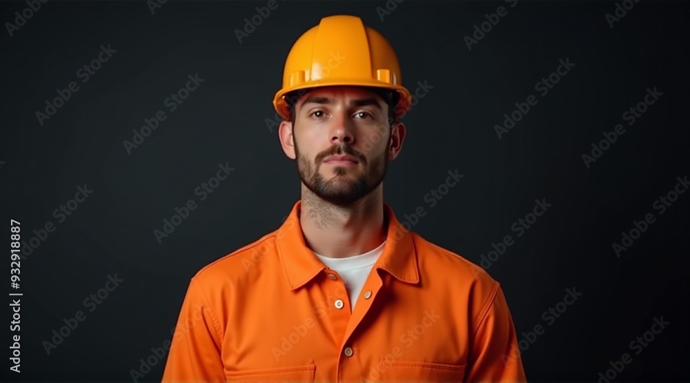 A man in an orange uniform and hard hat stands against a dark background, ideal for Labor Day promotions and worker safety themes with copy space. A man in an orange uniform and hard hat stands against a dark background, ideal for Labor Day promotions and worker safety themes with copy space.