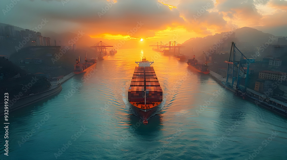 Cargo Ship Sailing Through a Narrow Channel at Sunset Illustration Cargo Ship Sailing Through a Narrow Channel at Sunset Illustration