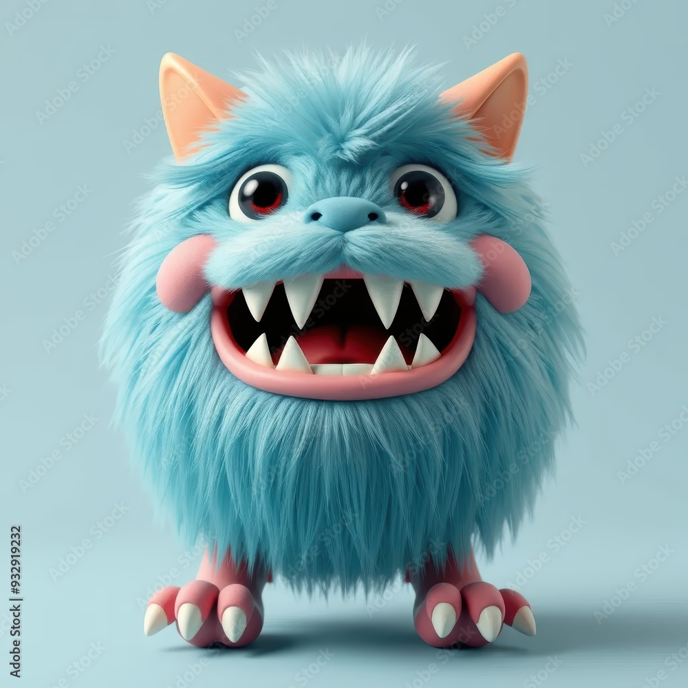 Obraz premium Cute Blue Furry Monster with Big Grin