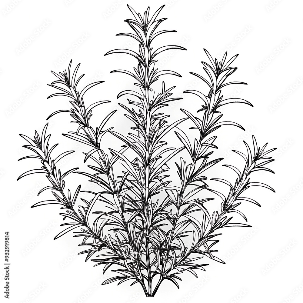 Naklejka premium Monochromatic Botanical Illustration of Rosemary Herb in Botanical Drawing Style Perfect for Autumn Harvest Season and Thanksgiving Decor Inspiration.