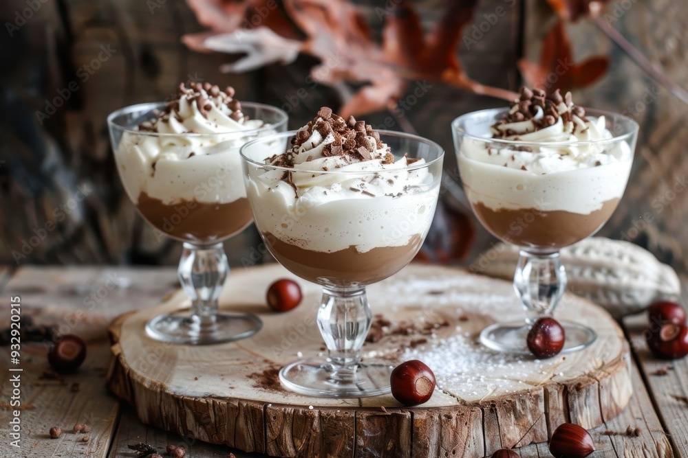 Three chestnut no bake desserts in glasses topped with whipped cream on wooden table Three chestnut no bake desserts in glasses topped with whipped cream on wooden table
