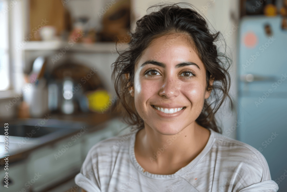Smiling Woman In Cozy Kitchen Smiling Woman In Cozy Kitchen