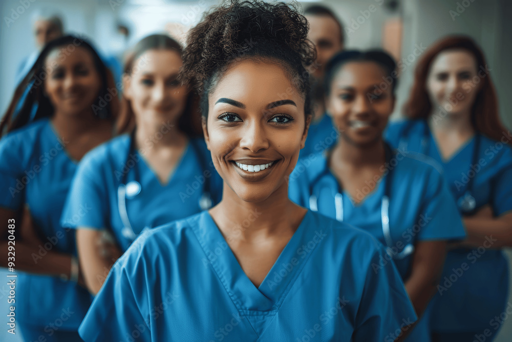 Healthcare Professionals Smiling Teamwork Diversity Medical Field Blue Scrubs Healthcare Professionals Smiling Teamwork Diversity Medical Field Blue Scrubs