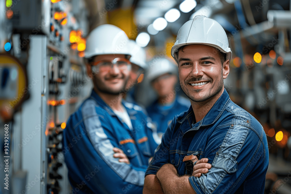 Industrial Workers Smiling In Factory Setting With Machinery And Control Panels Industrial Workers Smiling In Factory Setting With Machinery And Control Panels