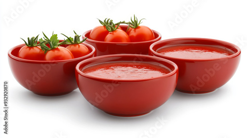 “A set of bowls featuring different types of tomato sauces, isolated on a white background. The collection showcases a variety of sauces, from classic marinara to rich, chunky tomato blends.”