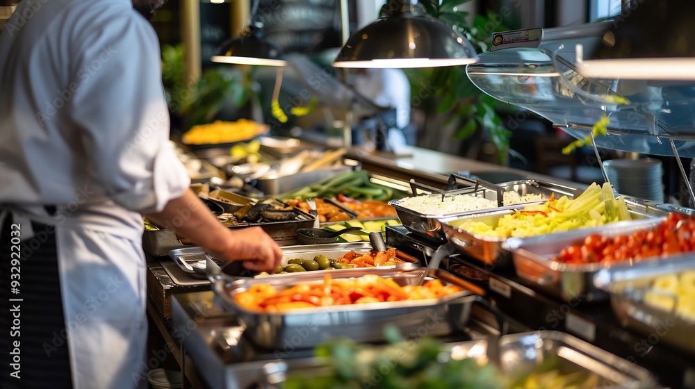 Chef Arranging Food at a Restaurant Buffet Chef Arranging Food at a Restaurant Buffet