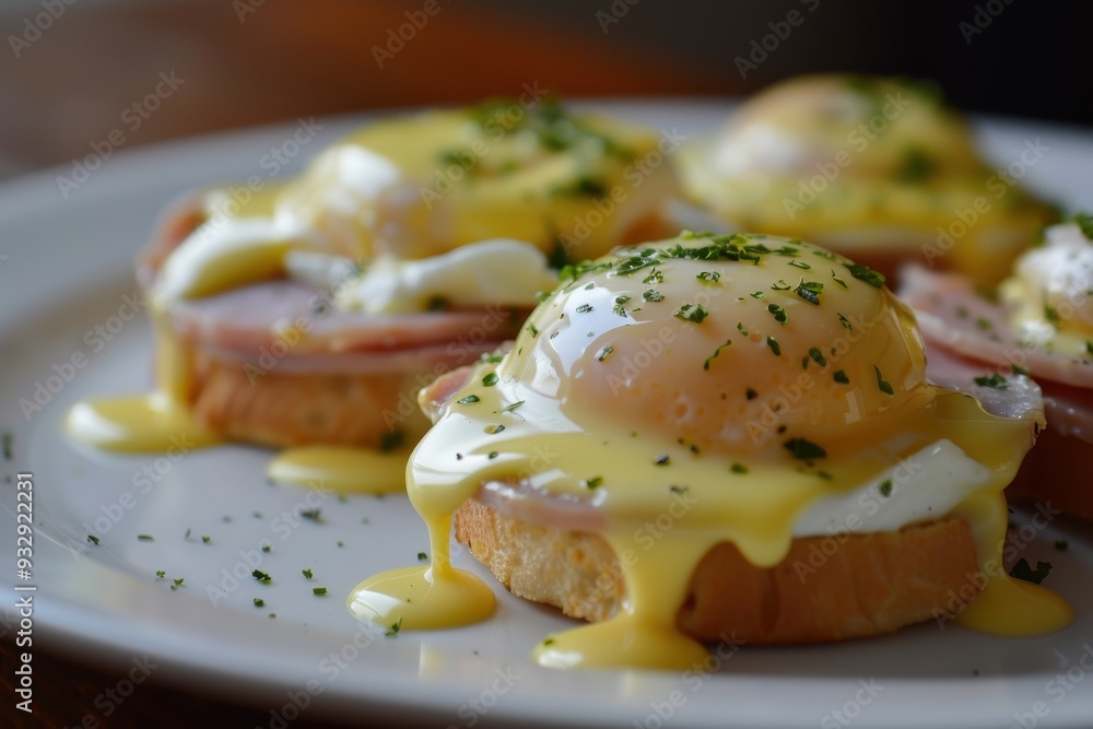 Toasted English muffins topped with ham poached eggs and buttery hollandaise sauce Toasted English muffins topped with ham poached eggs and buttery hollandaise sauce