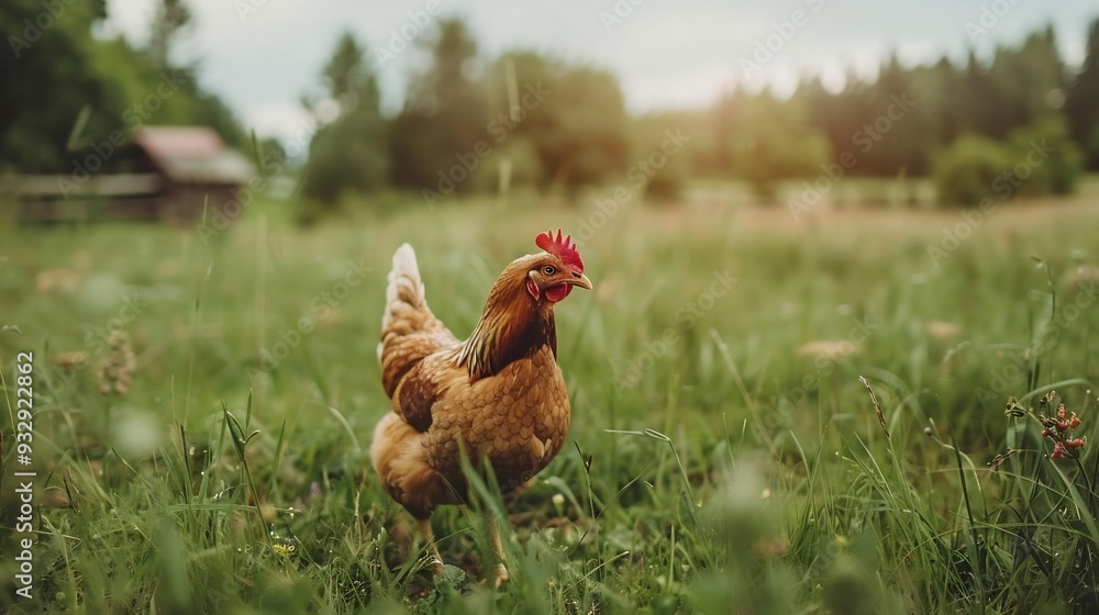 Fototapeta premium A Brown Hen in a Lush Meadow