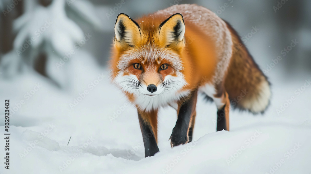 Obraz premium vibrant red fox prowling through a snowy forest,