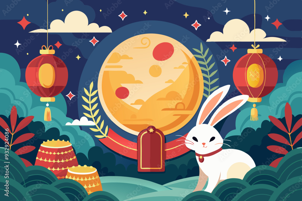 A rabbit sits in front of a full moon, encircled by lanterns A rabbit sits in front of a full moon, encircled by lanterns