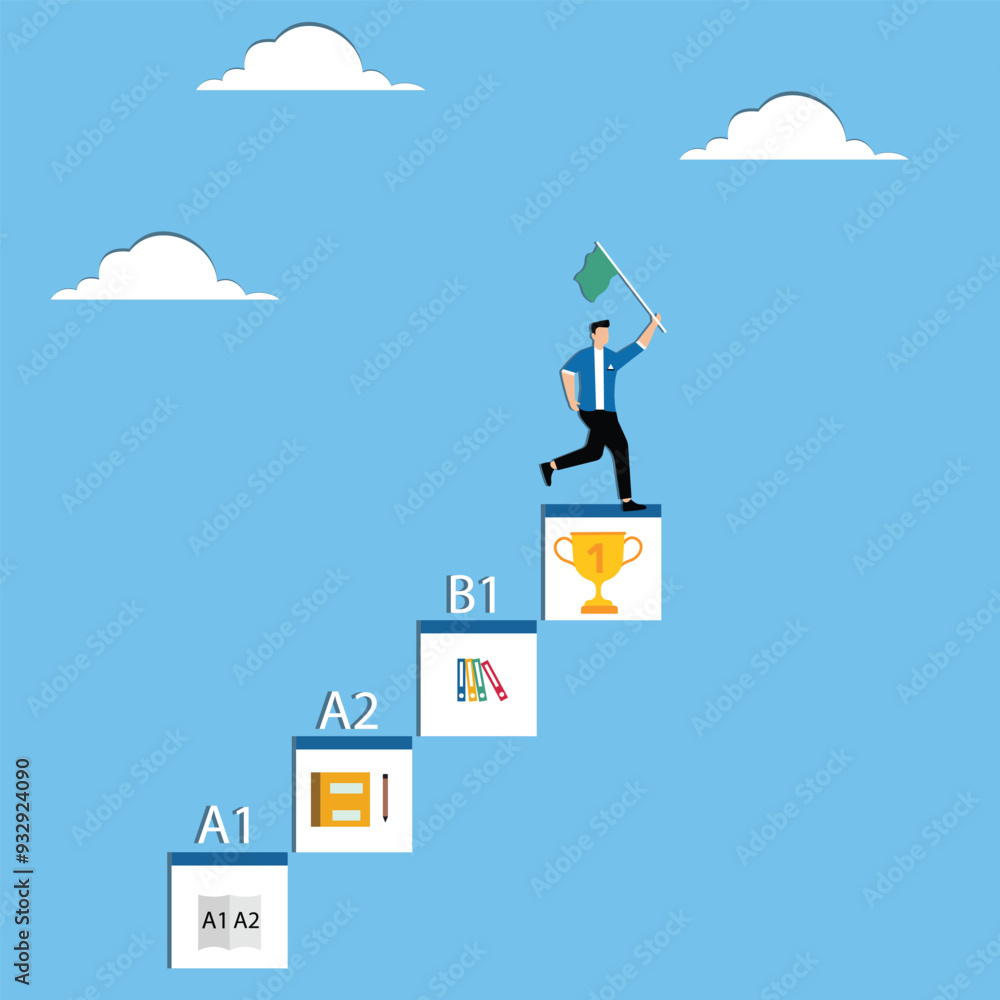 Man with flag on top of graphic