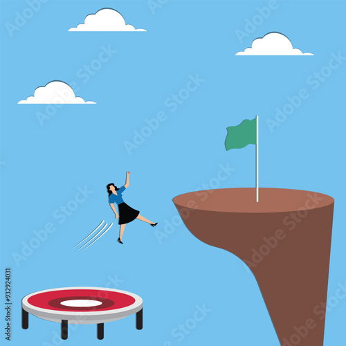 Woman using trampoline overcomes cliff
