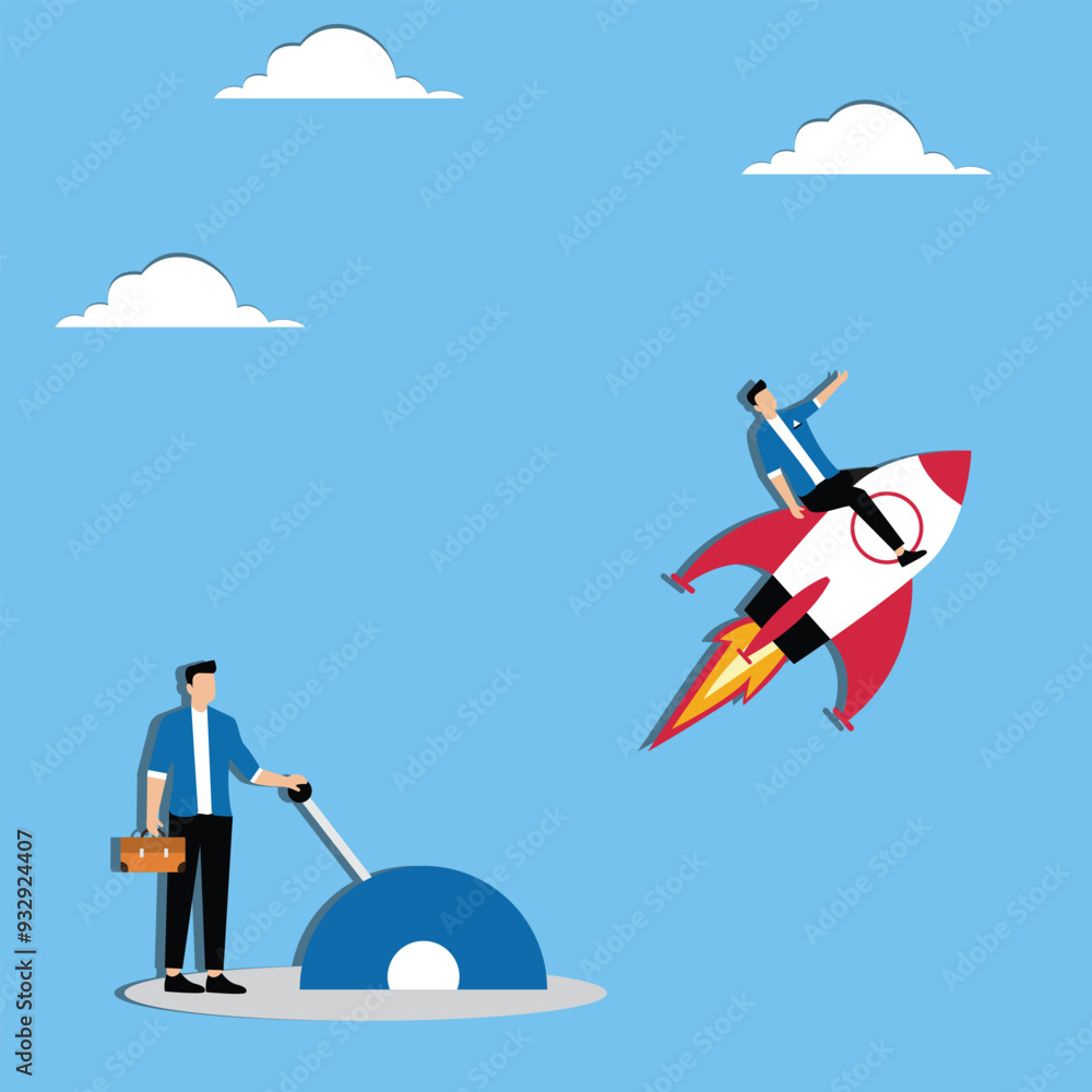 Man takes off on a rocket Man takes off on a rocket