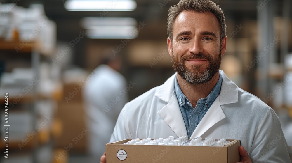 Fototapeta premium portrait of pharmaceutical sales representative in medical building holding box,drugs samples-standard-scale-_x.jpeg