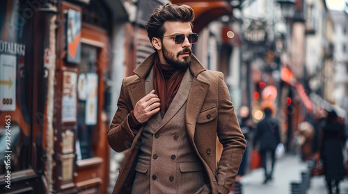 Stylish Man in Brown Suit and Coat