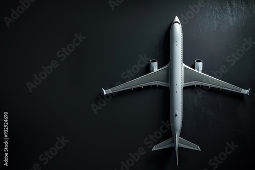 Top view of aircraft model on black background symbolizing airline industry and safety