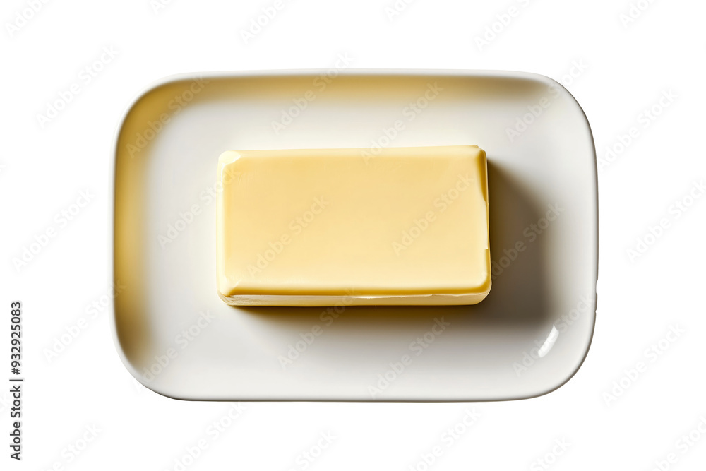 A block of fresh creamy butter on white plate isolated on white transparent background A block of fresh creamy butter on white plate isolated on white transparent background