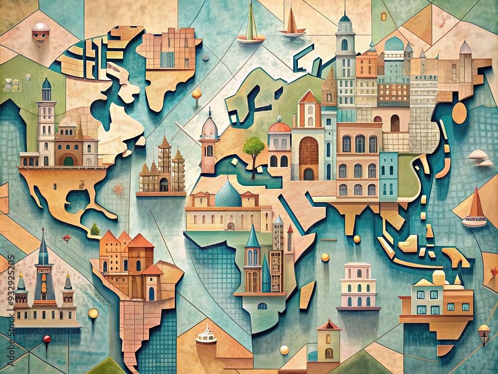 Obraz premium Softened cityscapes unfold in muted hues, disassembled map fragments hiding geometric cartoon structures, a dreamy yet disorienting portrait of urbanity.