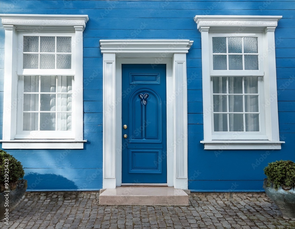 blue door with a white trim sits in front of a blue building blue door with a white trim sits in front of a blue building