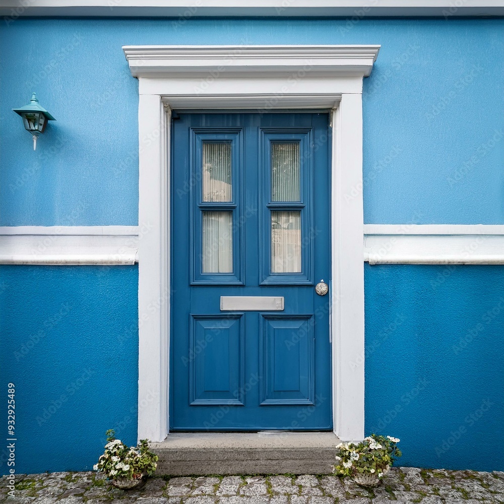 Fototapeta premium blue door with a white trim sits in front of a blue building