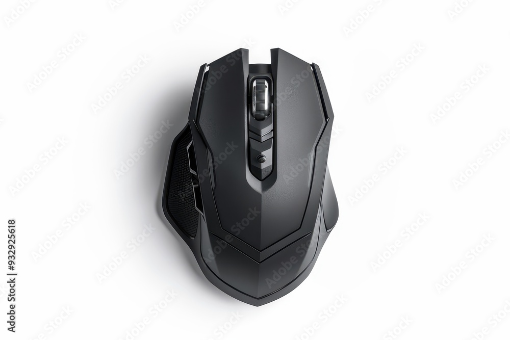 Top view of black wireless gaming mouse on white background Top view of black wireless gaming mouse on white background