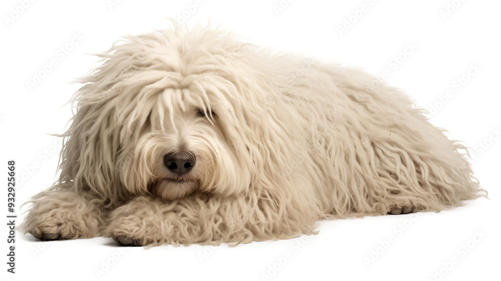 Komondor dog lying down, its unique coat spread out like a shaggy carpet, isolated on a transparent background Komondor dog lying down, its unique coat spread out like a shaggy carpet, isolated on a transparent background