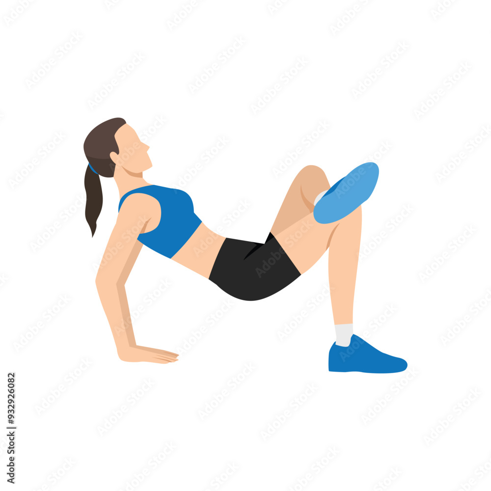 Woman doing bridge pose and cross legs. Flat vector illustration isolated on white background Woman doing bridge pose and cross legs. Flat vector illustration isolated on white background