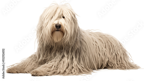 Komondor dog lying down, its unique coat spread out like a shaggy carpet, isolated on a transparent background