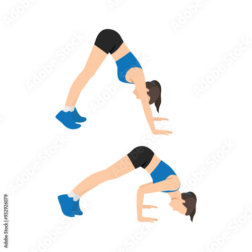 Woman doing pike push up. Flat vector illustration isolated on white background