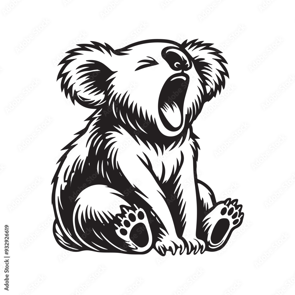 Fototapeta premium Cute Koala Clipart, A Koala Yawning Illustration in black and white 