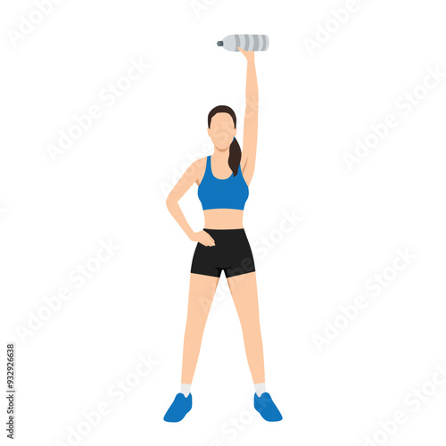 Woman doing Single Arm Overhead Press with water bottle. Flat vector illustration isolated on white background