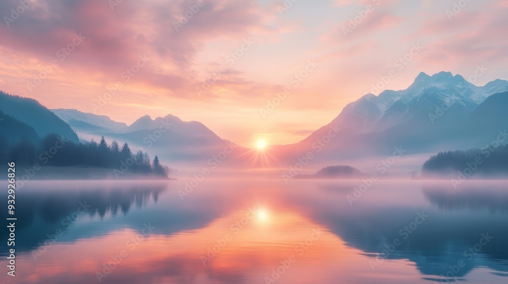 Fototapeta premium A serene landscape at sunrise, featuring mountains and a reflective lake surrounded by mist, creating a tranquil and picturesque scene