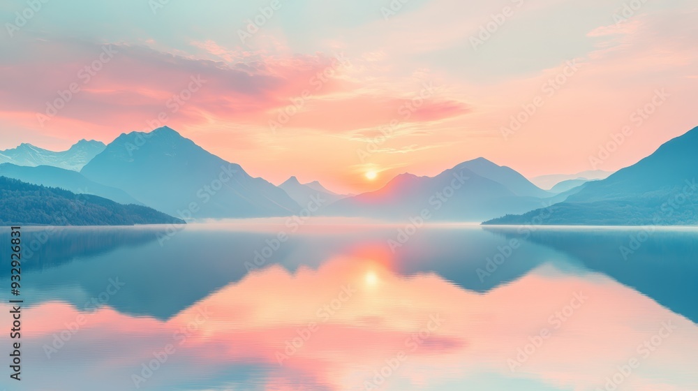 A serene landscape featuring mountains reflected in calm waters during a pastel sunset, creating a tranquil and picturesque scene A serene landscape featuring mountains reflected in calm waters during a pastel sunset, creating a tranquil and picturesque scene