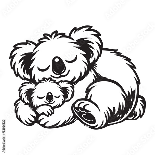 Wallpaper Mural Cute Koala Clipart, A Mother and Baby Koala Sleeping Illustration in black and white
 Torontodigital.ca