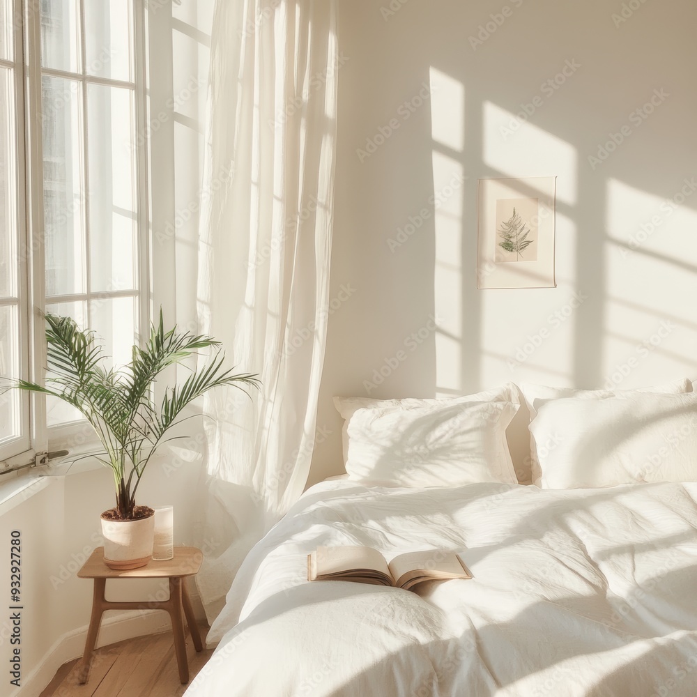 Fototapeta premium Bright bedroom with sunlight filtering through sheer curtains with a potted plant on a wooden side table creating a fresh inviting atmosphere