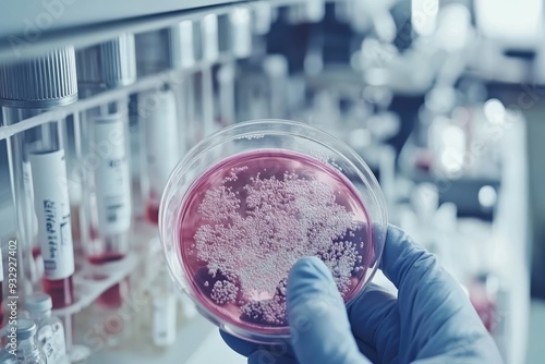 A scientist holding a petri dish with pink bacterial cultures representing the meticulous research and advancements in microbiology within a modern laboratory setting