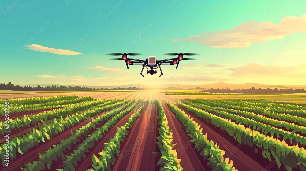 An illustration of a drone flying over a large field, spraying crops with precision. The drone is equipped with advanced sensors and nozzles, hovering just above the crops, releasing a fine mist of An illustration of a drone flying over a large field, spraying crops with precision. The drone is equipped with advanced sensors and nozzles, hovering just above the crops, releasing a fine mist of
